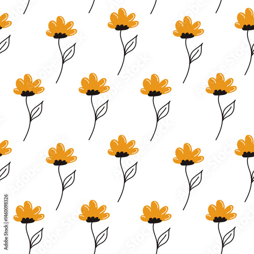 A seamless pattern of hand drawn flowers with bright yellow petals and black stems. Perfect for fashion, textiles, and home decor.