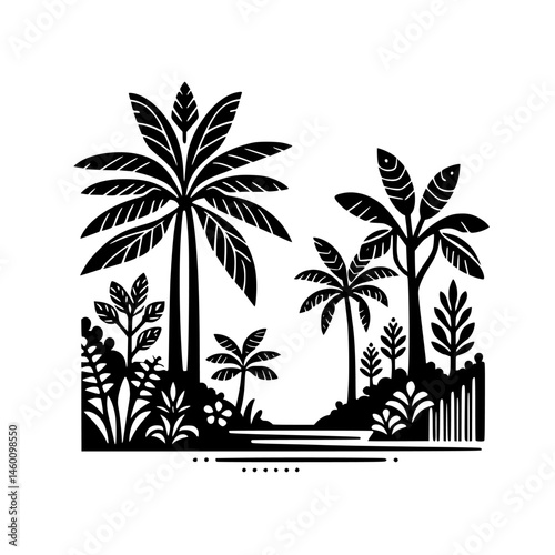 Black and White Tropical Silhouette: Palm Trees & Foliage Illustration
