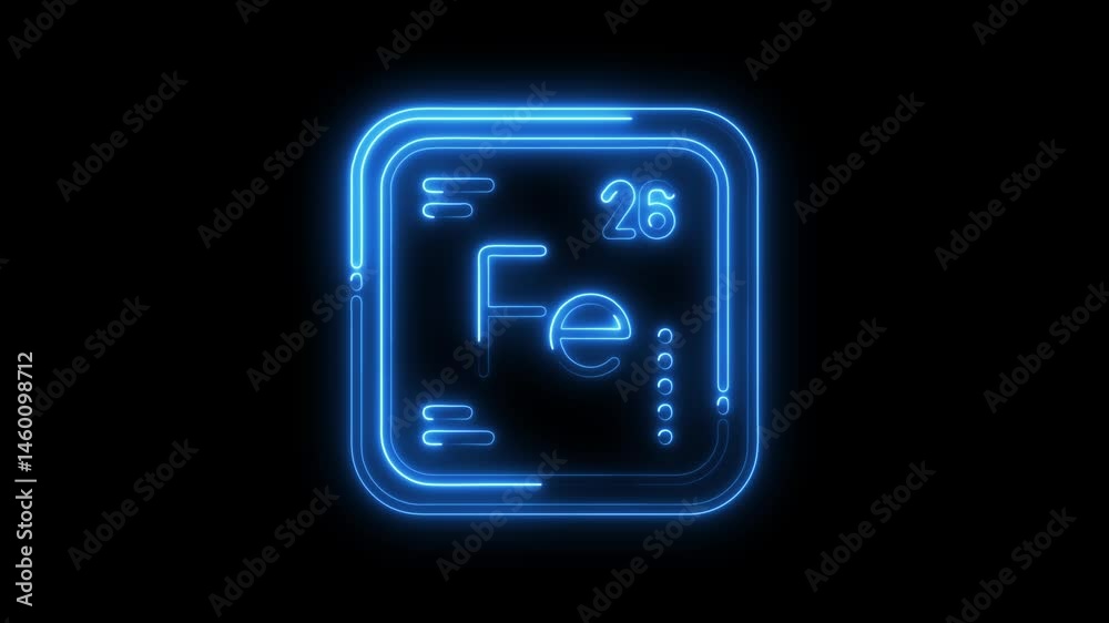 Glowing neon iron periodic table element animation on black background for science and education projects Glowing neon iron periodic table element animation on black background for science and education projects
