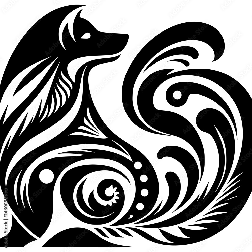 Obraz premium Stylized Fox Silhouette in Swirls: Black and White Graphic Design