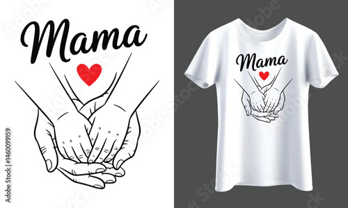Mom and Child Hands Outline Art with Heart for Mother’s Day Vector