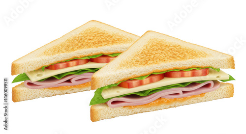 Two triangular sandwiches stacked with ham cheese lettuce and tomato on a white surface close up view