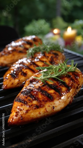 Grilled chicken breasts on barbecue with herbs for healthy summer food background  delicious seasoned poultry meat cooking outdoors
