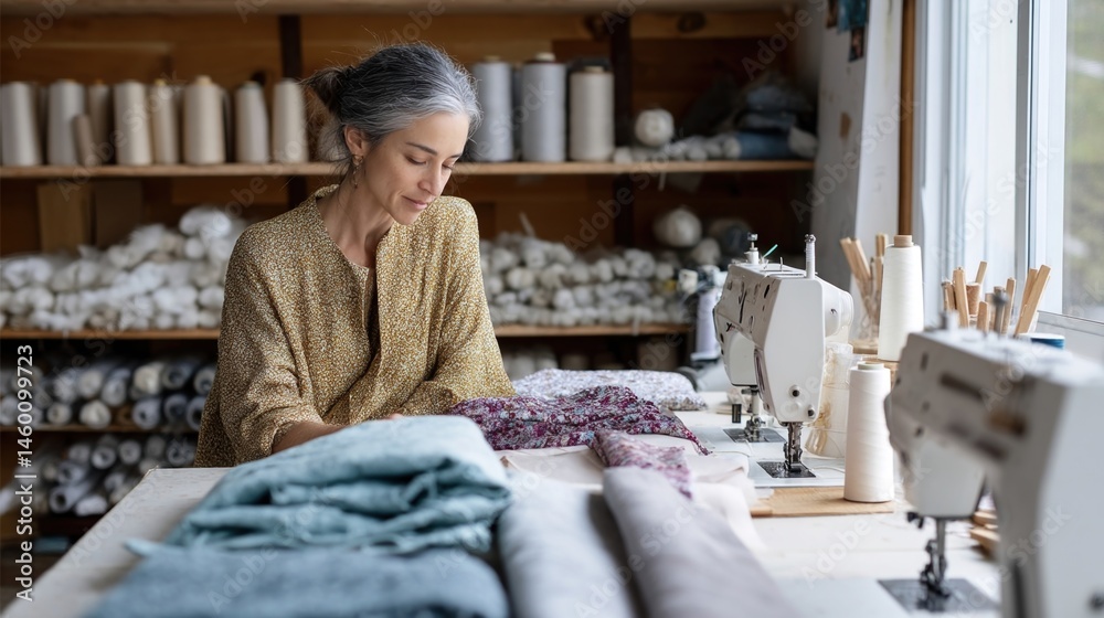 A woman taking inventory in a cozy workspace filled with fabric rolls and sewing machines surrounded by samples of her latest handmade clothing line.