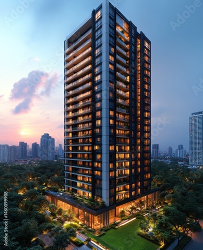 Luxurious high-rise apartment building at dusk, city skyline