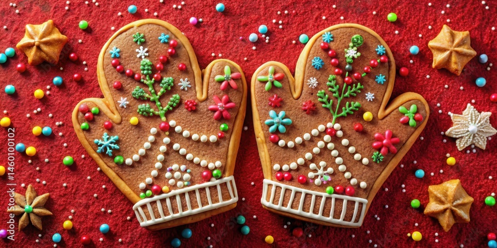 Naklejka premium Gingerbread cookies shaped as mittens decorated with colorful candies and sprinkles on a red surface