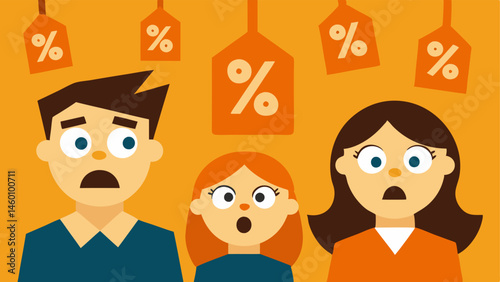 Surprised Expressions A cartoonish family with wide eyes and open mouths looking up in amazement as gigantic orange discount signs descend upon them.