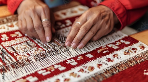 Close-up view of hands meticulously working on a woven textile.