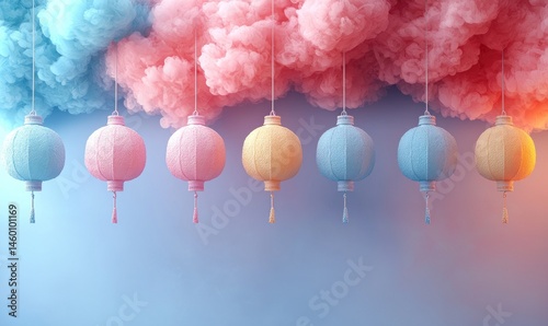 Pastel lanterns hang beneath fluffy clouds, creating a serene and dreamy atmosphere