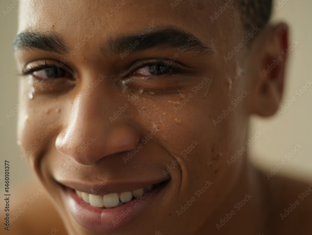 Emotional close-up of a young man crying tears of joy, touched and smiling with wet eyes. Emotional close-up of a young man crying tears of joy, touched and smiling with wet eyes.
