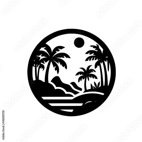 Tropical Island Silhouette: Palm Trees, Sun, Circle Design