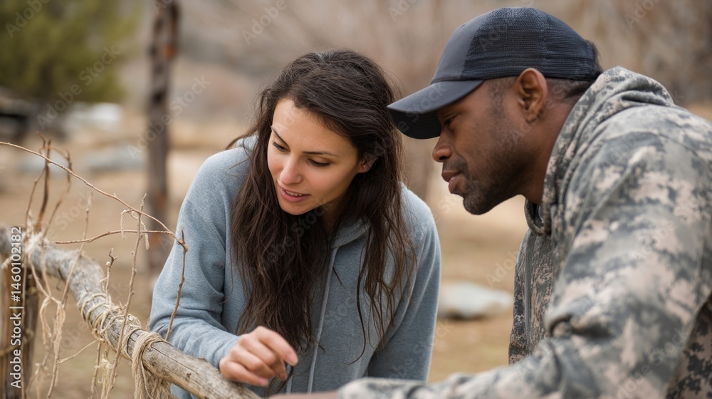 An adult learner engaged in an experiential learning activity outdoors practicing skills relevant to their field while being guided by a mentor.