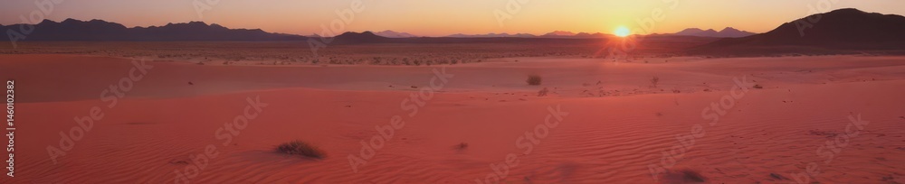 Obraz premium Crimson sun dips below horizon, casting long shadows across the tranquil desert floor , wild, peace, tranquility