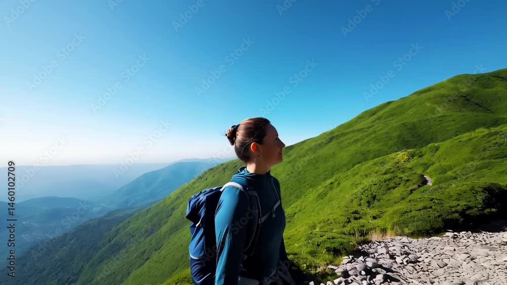 The woman goes uphill with a backpack on her back. She looks at the sky and seems to enjoy a look. Adventure and research concept The woman goes uphill with a backpack on her back. She looks at the sky and seems to enjoy a look. Adventure and research concept