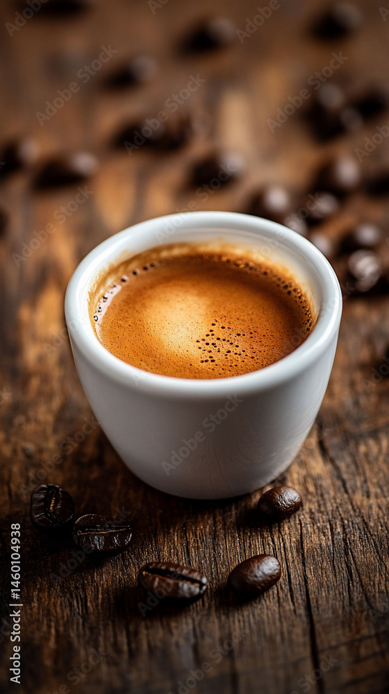 Aromatic espresso coffee cup with roasted beans on rustic wooden table top still life Aromatic espresso coffee cup with roasted beans on rustic wooden table top still life