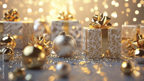 Golden gift boxes with sparkling background for holiday celebration luxury wrapping present xmas decoration festive