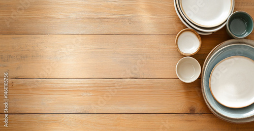 Arrangement of plates and bowls on rustic wooden table top view