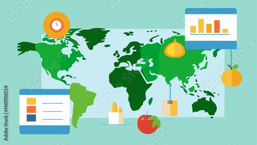 Global Farm Dashboard A visual of a dashboard presenting realtime analytics of food supply chains on a map illustrating global traceability of produce across different regions.