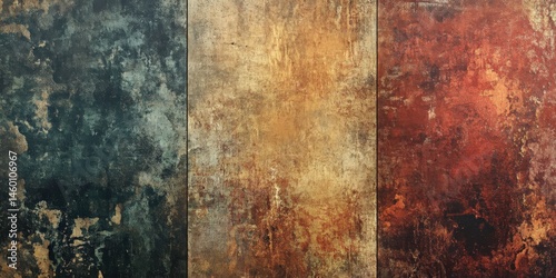 Abstract panel featuring a triptych of textured surfaces with varied colors
