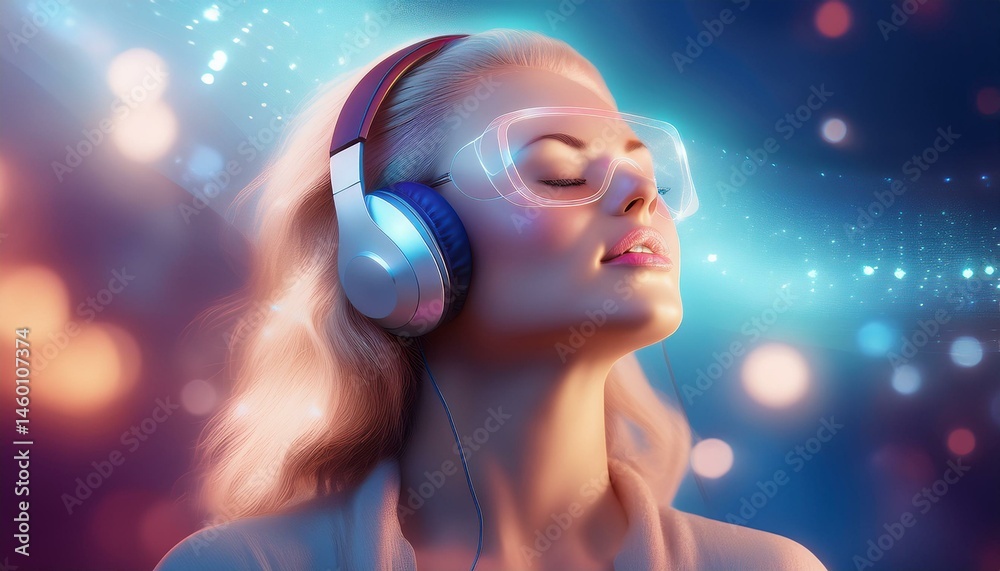 Naklejka premium Woman listen to music with wireless headphones, enjoys the moment and relaxes 