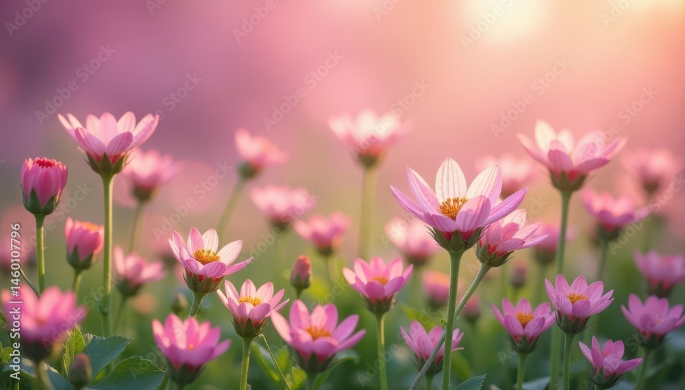 Fototapeta premium Delicate blush pink wildflowers carpet meadow, vibrant blooms , blooming, outdoor, pastel