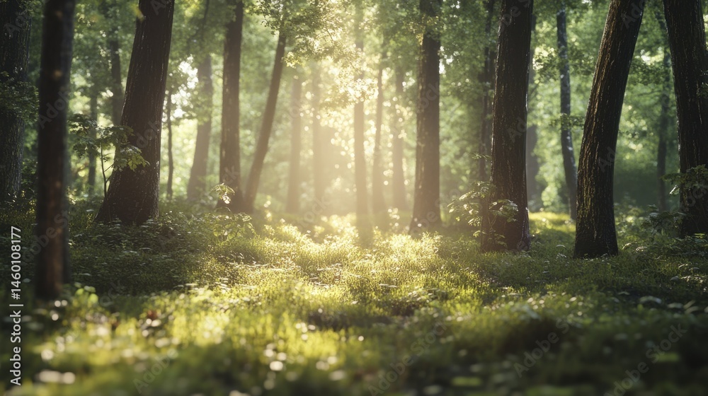 Fototapeta premium Forest Scene with Sunlight Shining Through the Trees