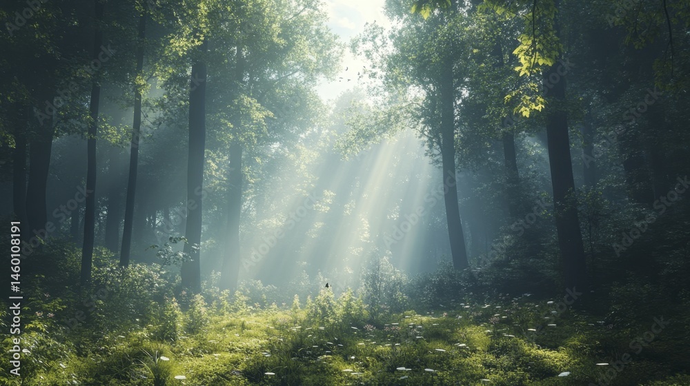 Obraz premium Sunlight Streaming Through a Dense Forest Clearing with Wildflowers