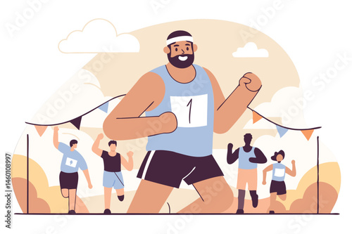 Energetic runner celebrating sprint race victory, illustration of speed and competition