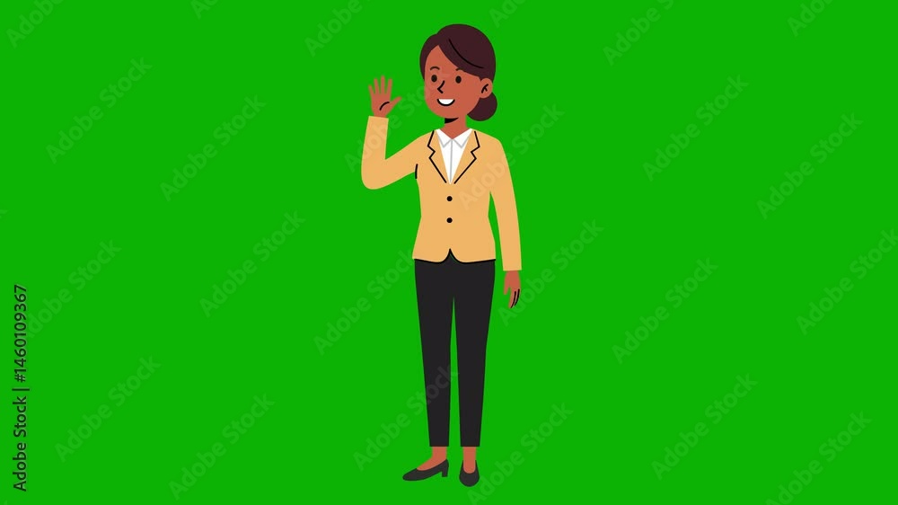 Animated Dark-Skinned African Businesswoman or Employee Waving in Suit – Isolated on Green Screen Chroma Key Background for Corporate, Office, and HR Video Projects Animated Dark-Skinned African Businesswoman or Employee Waving in Suit – Isolated on Green Screen Chroma Key Background for Corporate, Office, and HR Video Projects