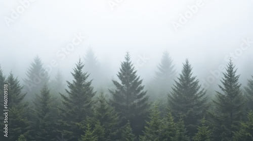 Misty forest scene with evergreen trees.