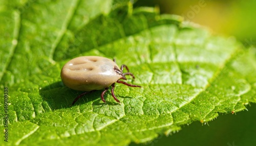 Engorged tick on leaf: close-up of insect on green foliage