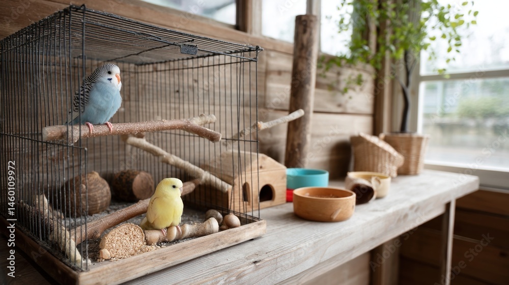 An indoor pet habitat featuring a spacious birdcage with colorful parakeets perched on wooden branches surrounded by various toys and food dishes.