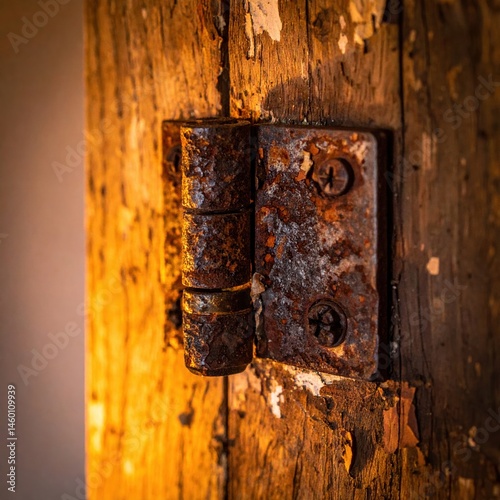 Rusty metal hinge on weathered wooden door in warm light