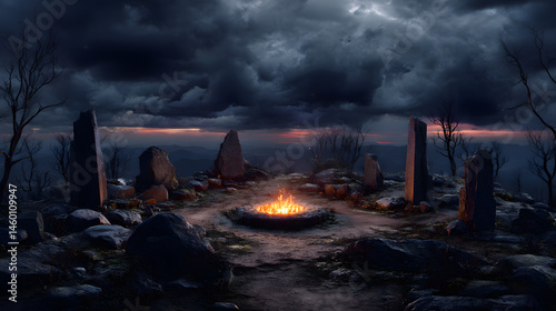 Desolate Mountaintop Altar Scorched Earth and Fiery Sunset