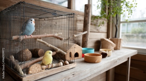 Obraz na płótnie An indoor pet habitat featuring a spacious birdcage with colorful parakeets perched on wooden branches surrounded by various toys and food dishes. w salonie