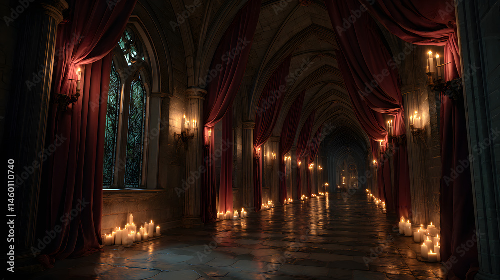 Obraz premium Dark Gothic Castle Hallway with Candles and Red Curtains