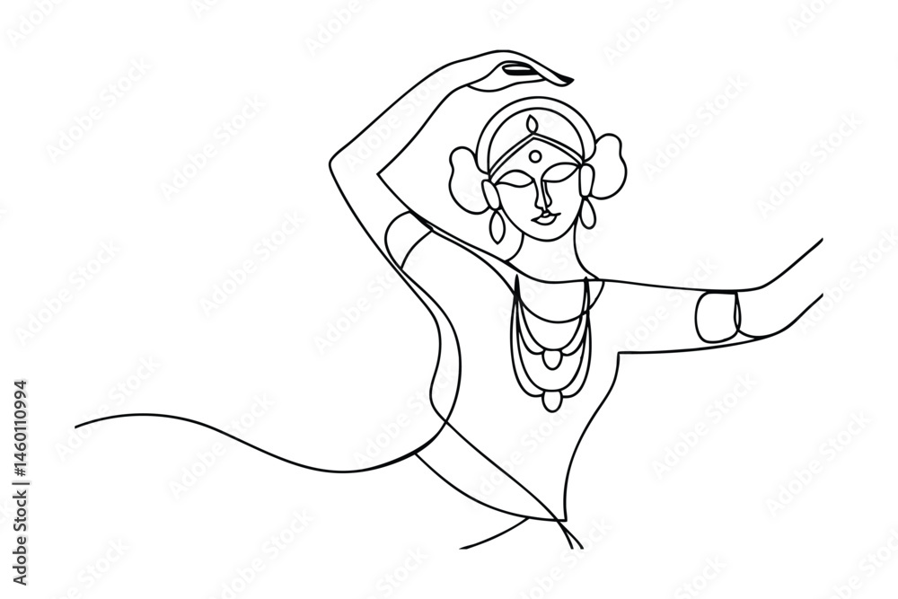 Elegant continuous line illustration of an indian classical dancer in graceful performance against a blank white background. Elegant continuous line illustration of an indian classical dancer in graceful performance against a blank white background.