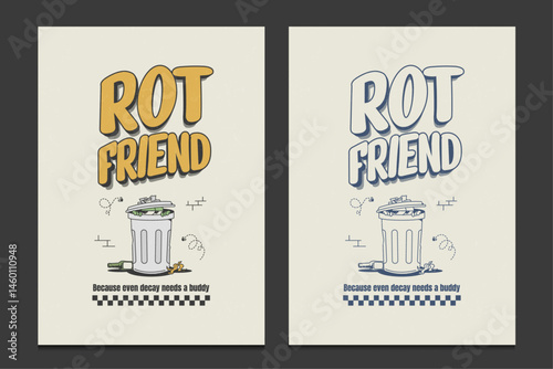 retro-style poster featuring a trash can cartoon character, vector illustration