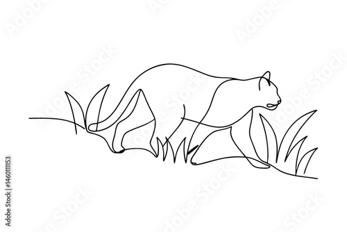 A minimalist line drawing illustration of a prowling wild cat in grass against a blank white backdrop.