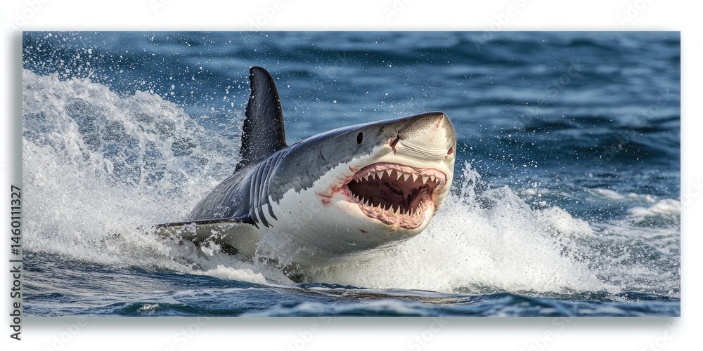 Fototapeta premium Great White Shark Breaching the Ocean Surface: A Majestic Predator in Action