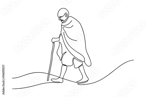 Minimalist single line art illustration of mahatma gandhi walking with his iconic walking stick and traditional clothing