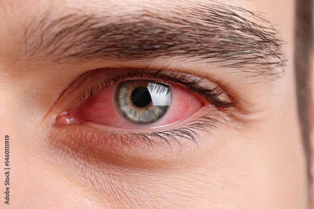 Obraz premium Close-up of a red, irritated human eye, showing visible blood vessels and inflammation.