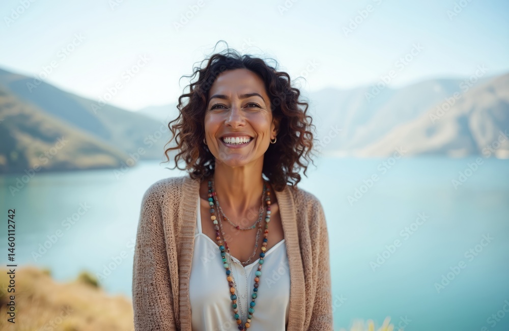 © miss irine - Beautiful middle age hispanic woman enjoys sunny day. Smiling female model poses near mountain lake. Attractive woman with brown curly hair. Lifestyle portrait, serene scene. © miss irine - Beautiful middle age hispanic woman enjoys sunny day. Smiling female model poses near mountain lake. Attractive woman with brown curly hair. Lifestyle portrait, serene scene.