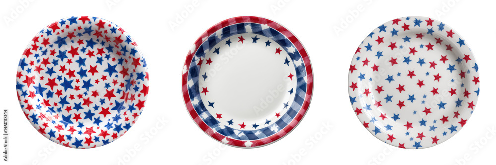 Fototapeta premium Decorative Plates with Colorful Star Patterns in Red, White, Blue Isolated on a Transparent Background