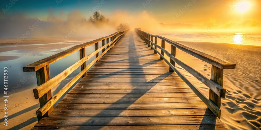 Obraz premium A wooden walkway leading to a misty horizon with the warm glow of the rising sun casting long shadows