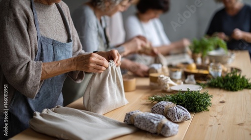 A DIY workshop scene with individuals crafting reusable items like fabric tote bags and beeswax food wraps showcasing creativity in sustainable living.