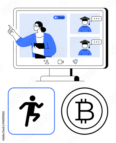 Online instructor hosting a live class with remote students, paired with fitness and cryptocurrency icons. Ideal for e-learning, digital collaboration, fitness, blockchain, remote work, finance
