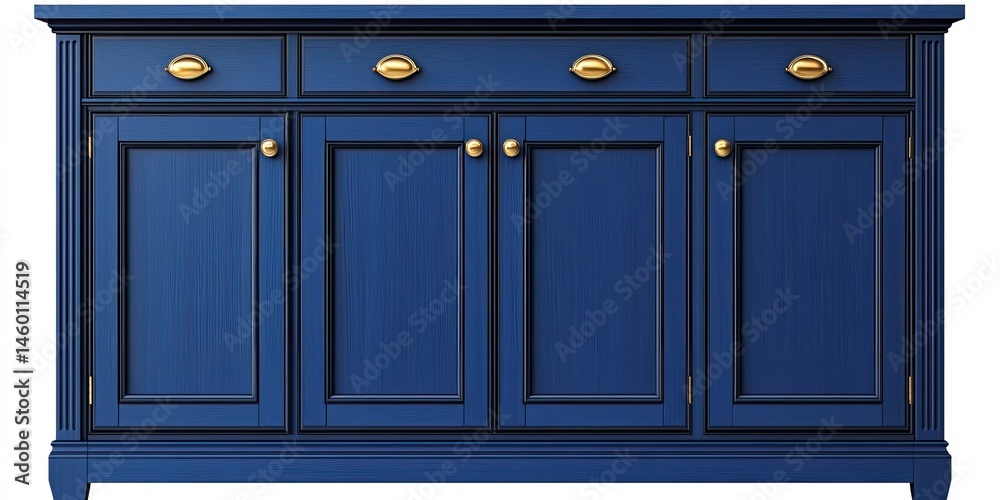 Fototapeta premium Elegant Blue Wooden Sideboard with Gold Hardware: Classic Furniture Design for Home Decor