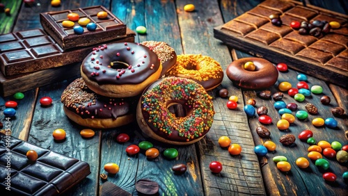 A symphony of chocolate and confectionery delights, with glazed donuts, sprinkles, and chocolate bars scattered on a rustic wooden surface.