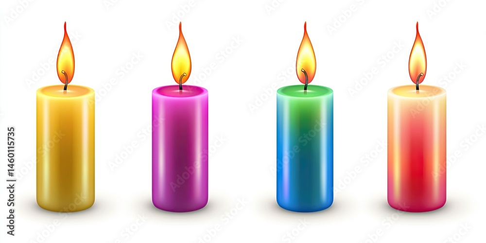 Vibrant Colorful Candles Collection: Four Lit Candles in Yellow, Purple, Blue and Orange Hues Vibrant Colorful Candles Collection: Four Lit Candles in Yellow, Purple, Blue and Orange Hues